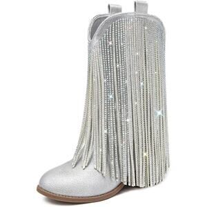 Laurmosa Girls Size 4 Silver Rhinestone Fringe Low Heel Cowgirl Cowboy Boots